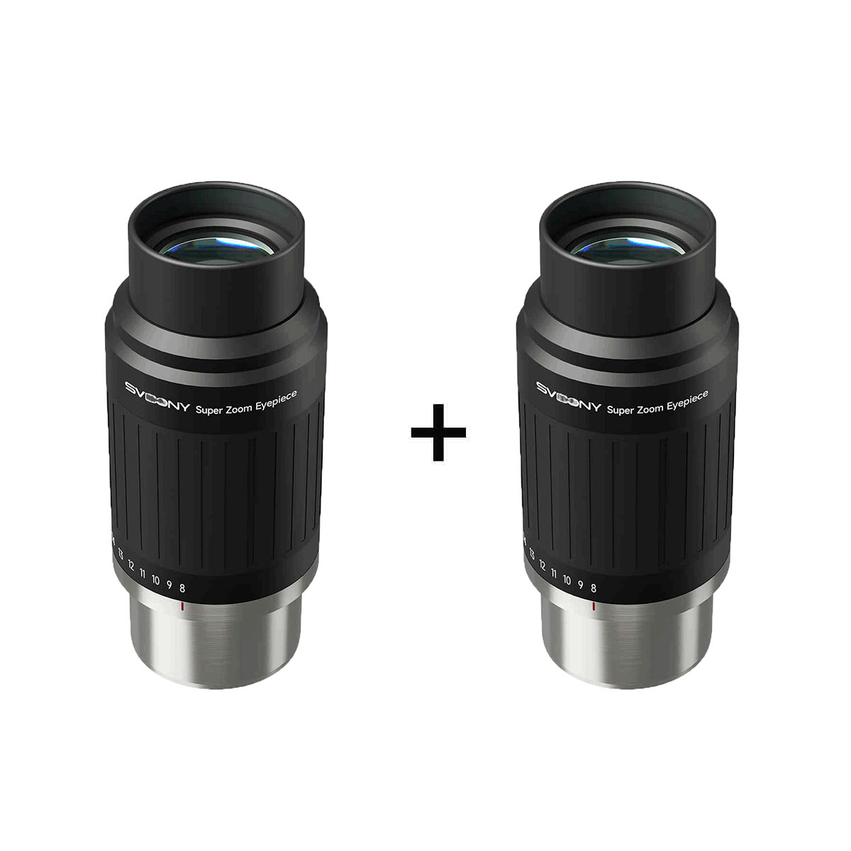 Two SV230 Super Zoom Aspheric Eyepiece Clickstop Parfocal Design 8-20mm 57°- 72° visual combinations with silver bases on a white background