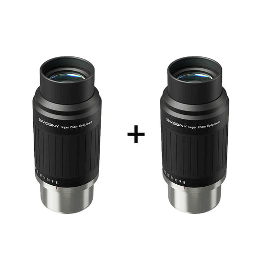 Two SV230 Super Zoom Aspheric Eyepiece Clickstop Parfocal Design 8-20mm 57°- 72° visual combinations with silver bases on a white background