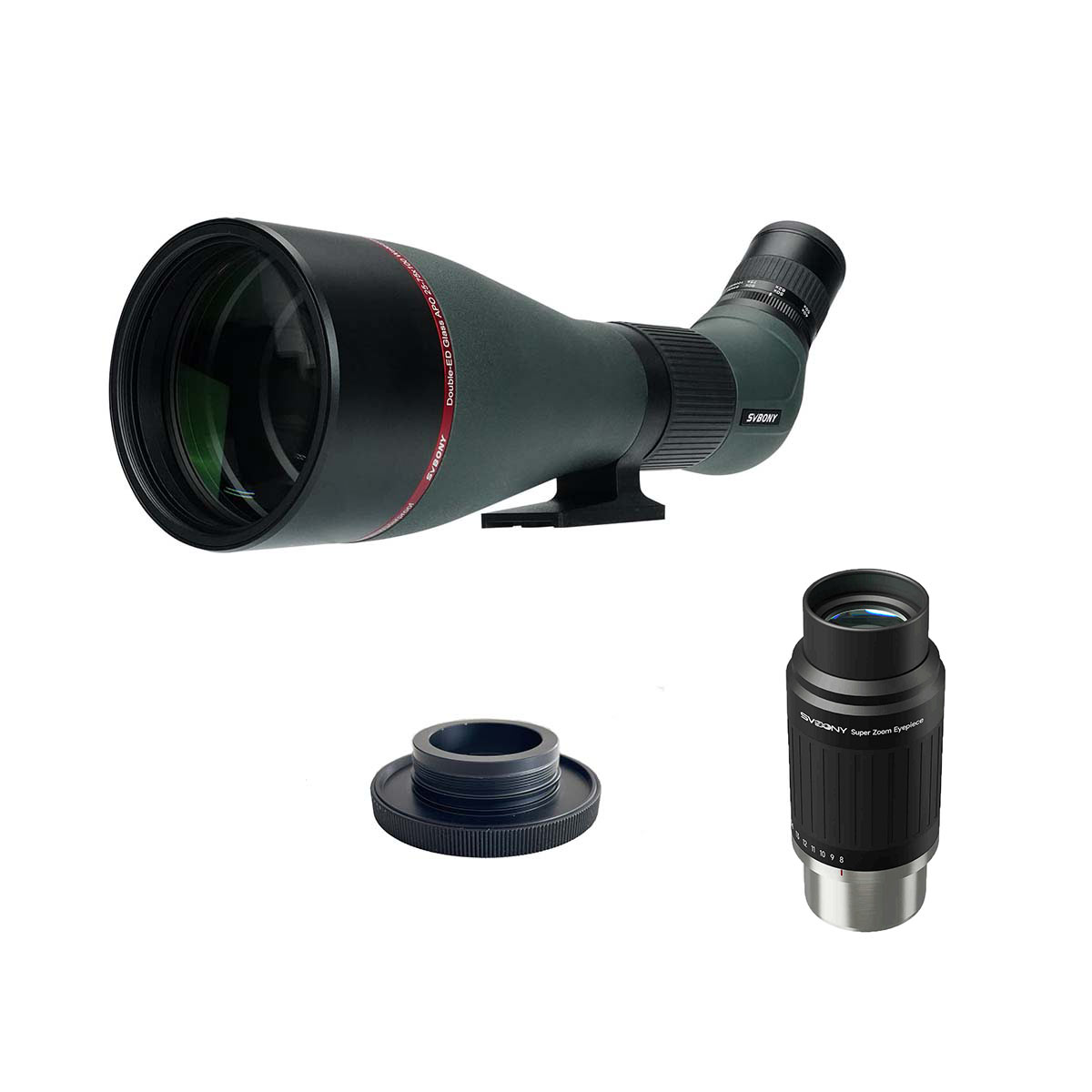 spotting scope with SV230 Super Zoom Aspheric Eyepiece Clickstop Parfocal Design 8-20mm 57°- 72° visual combinations accessories on a white background 