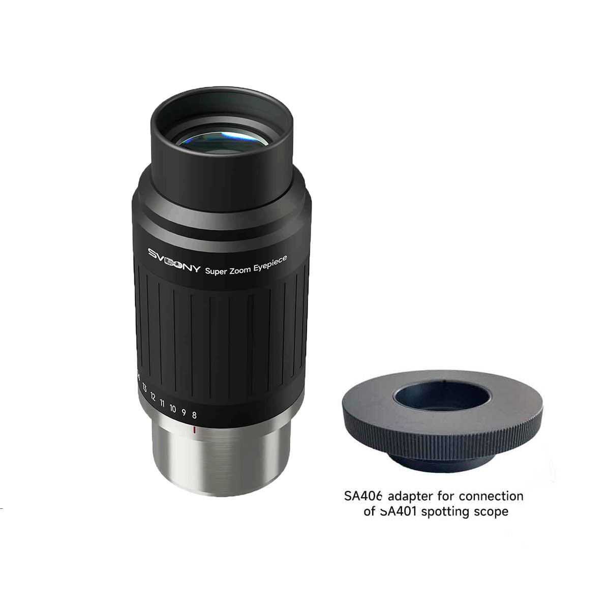 SV230 Super Zoom Aspheric Eyepiece Clickstop Parfocal Design 8-20mm 57°- 72° visual combinations with adapter on a white background