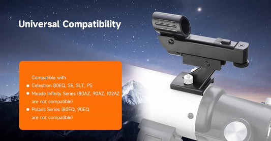 Telescope mount with compatibility information on an orange square against a starry night sky background.