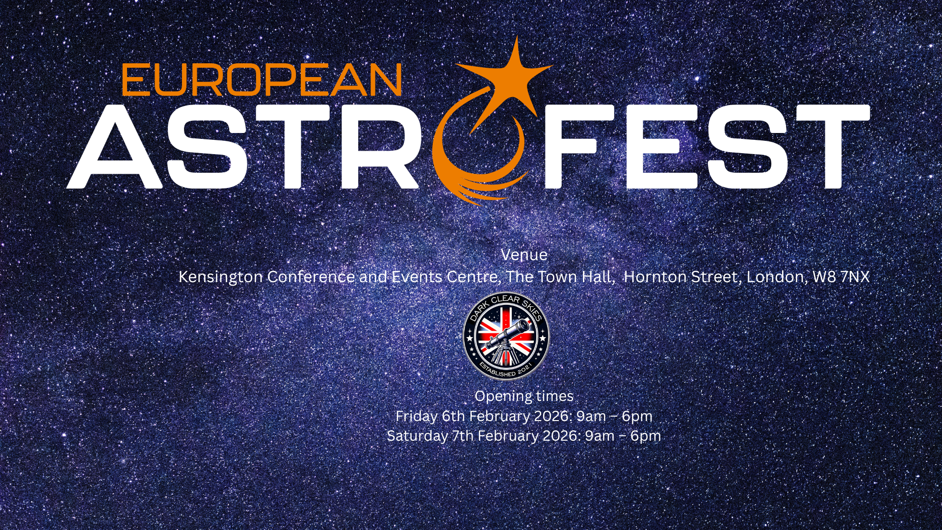 Promotional poster for European AstroFest with event details on a starry night sky background.