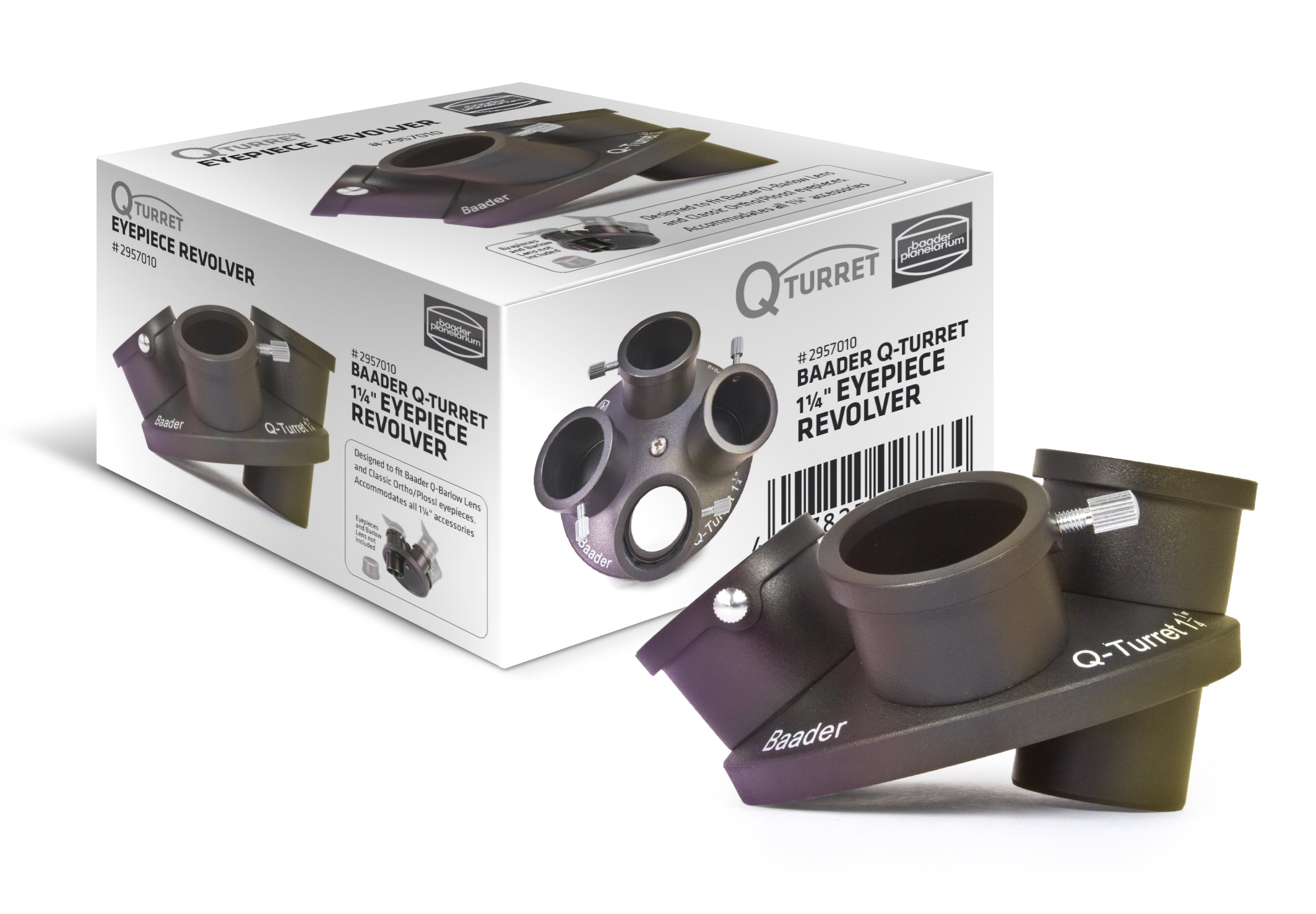 Baader Q-Turret Eyepiece Revolver, shown with its packaging and four interchangeable eyepieces, is a device designed for astronomical observations.