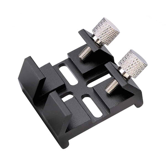Black metal bracket with screws on a white background