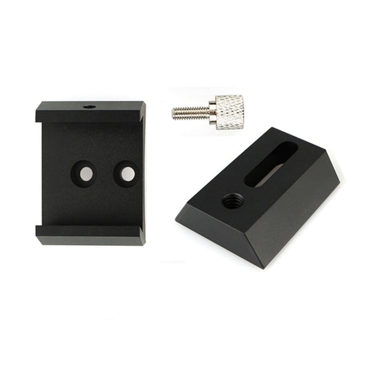 Black metal bracket with a screw on a white background
