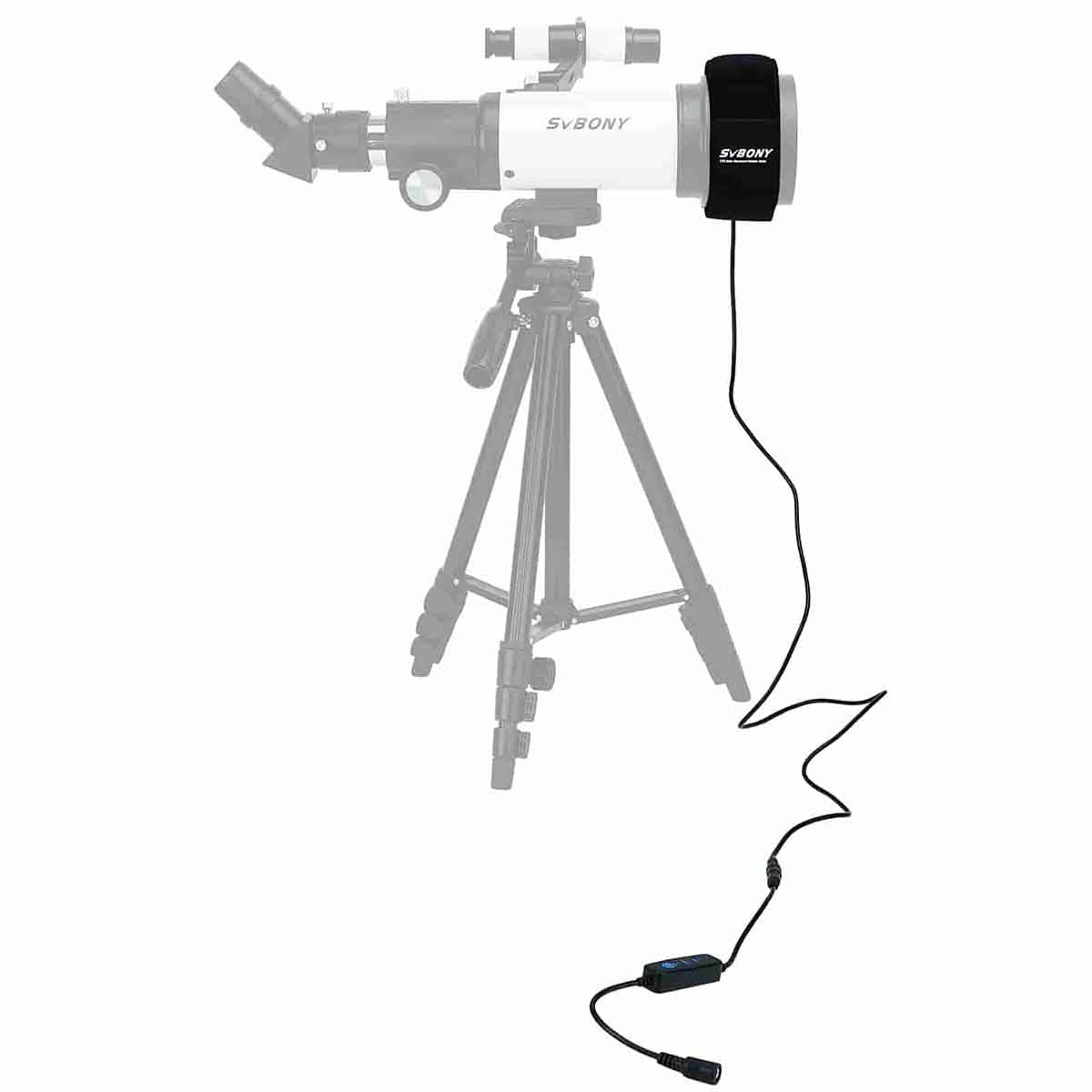 Telescope with tripod and cable and a SVBONY SV192 Dew Heater Strip 12V on a white background