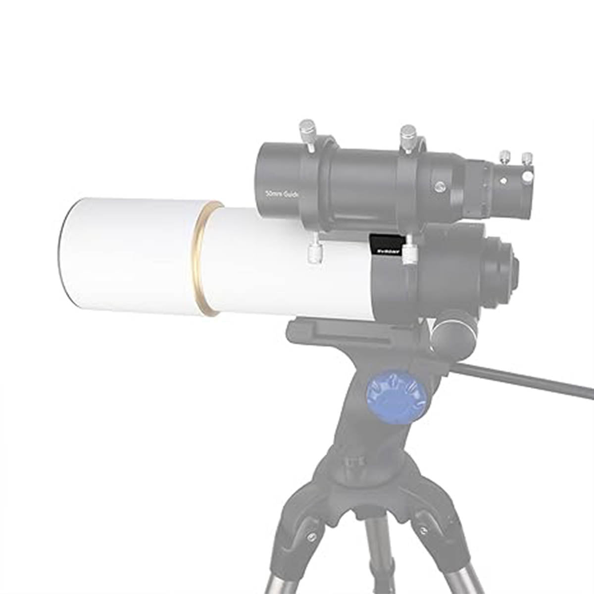 Telescope with white tube and black eyepiece on a white background