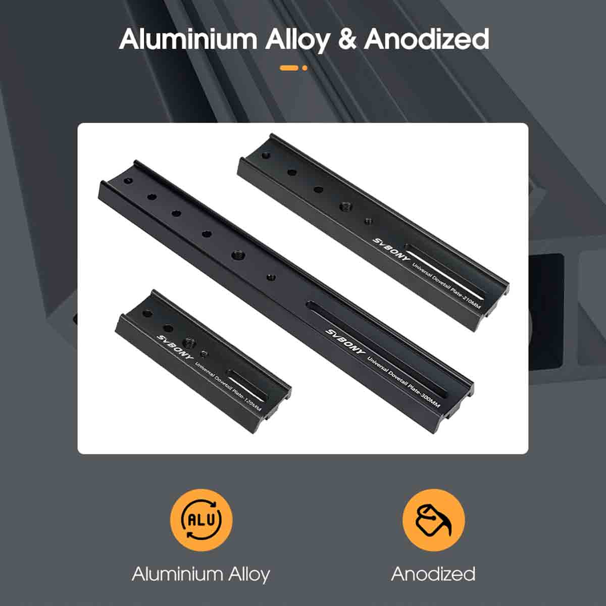 Three black aluminium alloy components on a white background with 'Aluminium Alloy & Anodized' text.