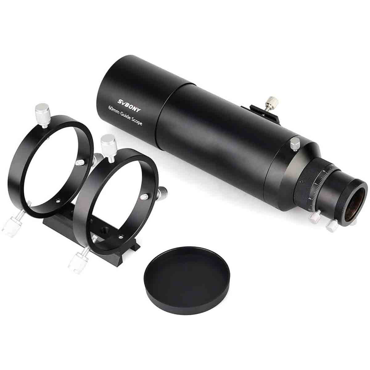 Black SVBONY SV106 60mm f/4 Guide Scope with accessories on a white background
