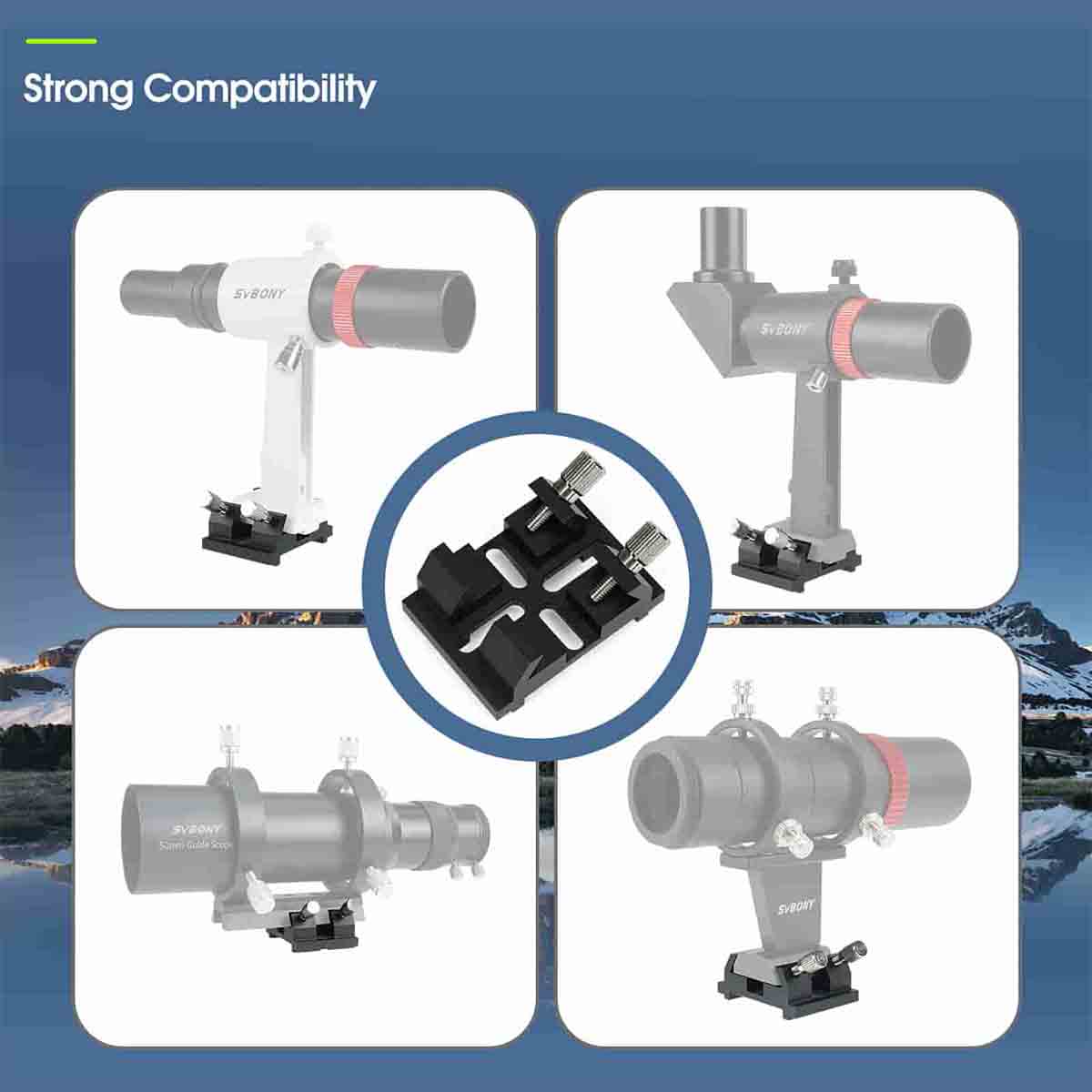Telescope mount with compatibility feature highlighted on a blue background