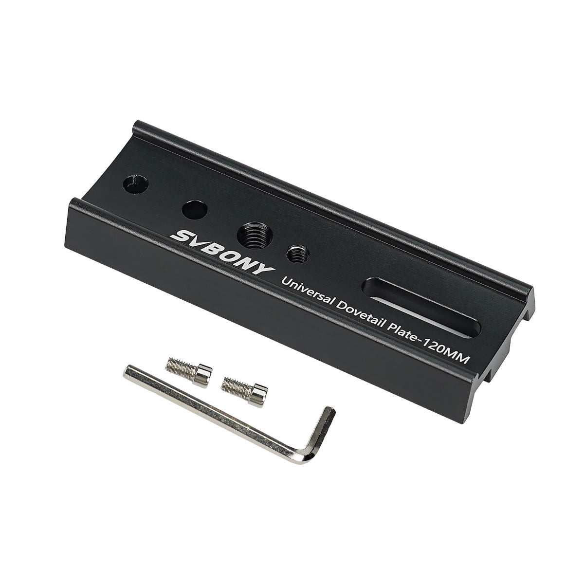 SVBONY universal dovetail plate with screws and Allen key on a white background