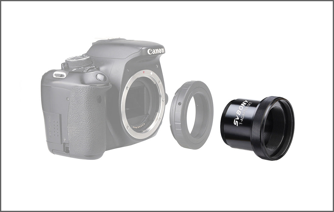 Canon camera body with lens mount adapter on a white background