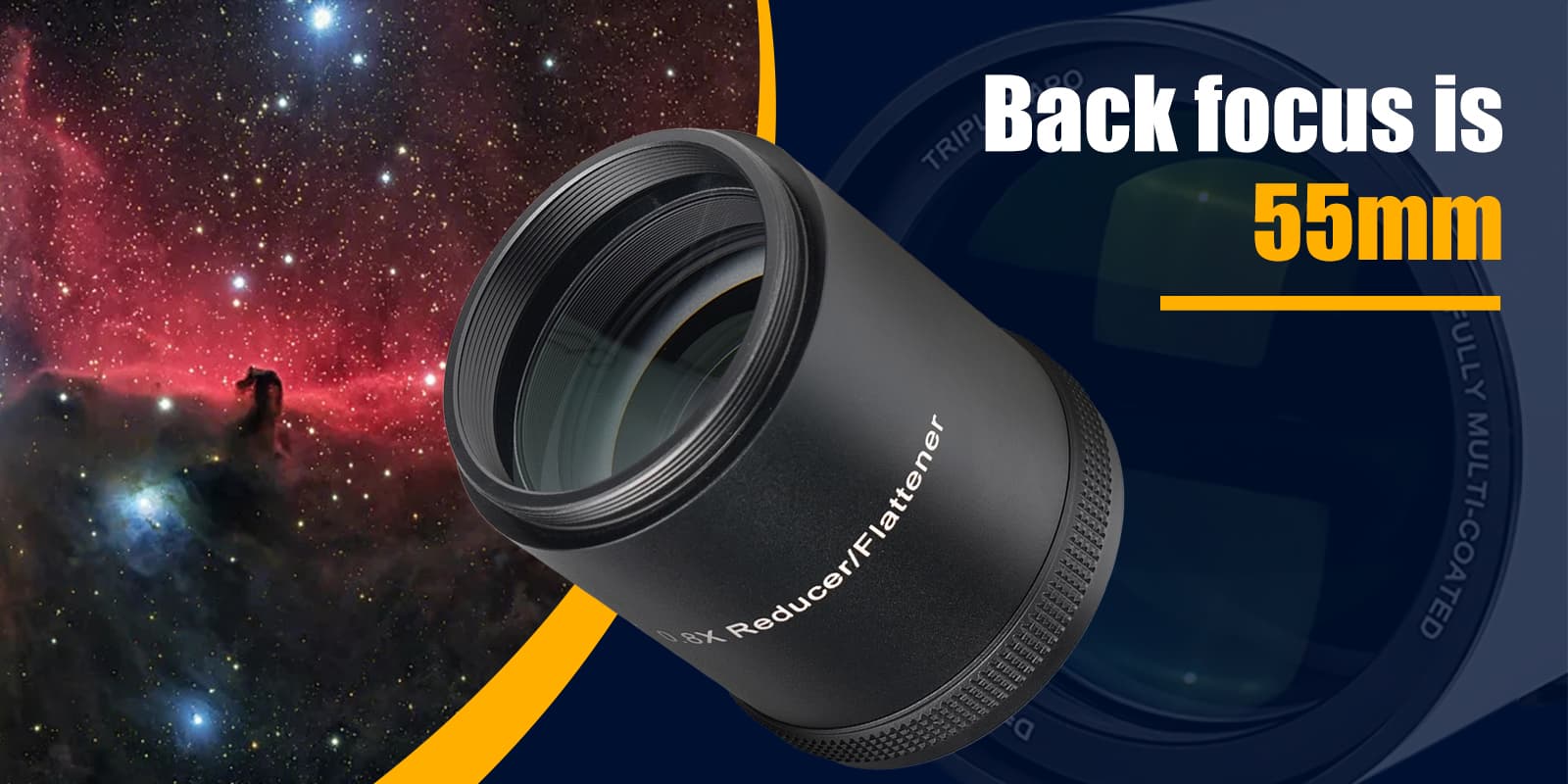 SVBONY SV209 Focal Reducer/Field Flattener 0.8x for SV550 122F7 Triplet APO showing back focus against a space-themed background