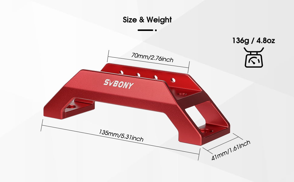 Red metal bracket with dimensions and weight information on a white background