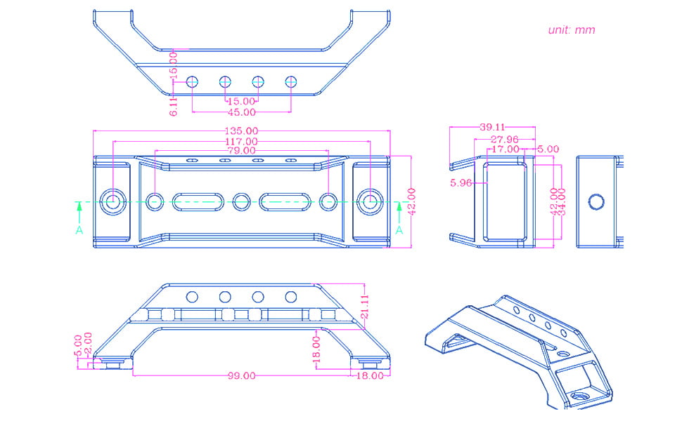 Technical drawing of a mechanical component with dimensions