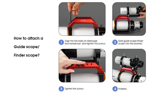 Step-by-step guide on how to attach a guide scope or finder scope with labeled instructions.