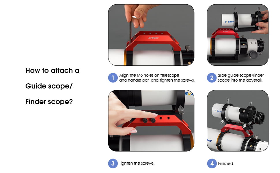 Step-by-step guide on how to attach a guide scope or finder scope with labeled instructions.
