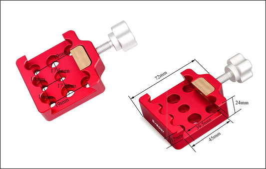 Red metal stand with adjustable screws and measurements on a white background