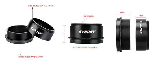 SvBony camera M48 Variable Extension Tubewith labeled dimensions and features on a white background