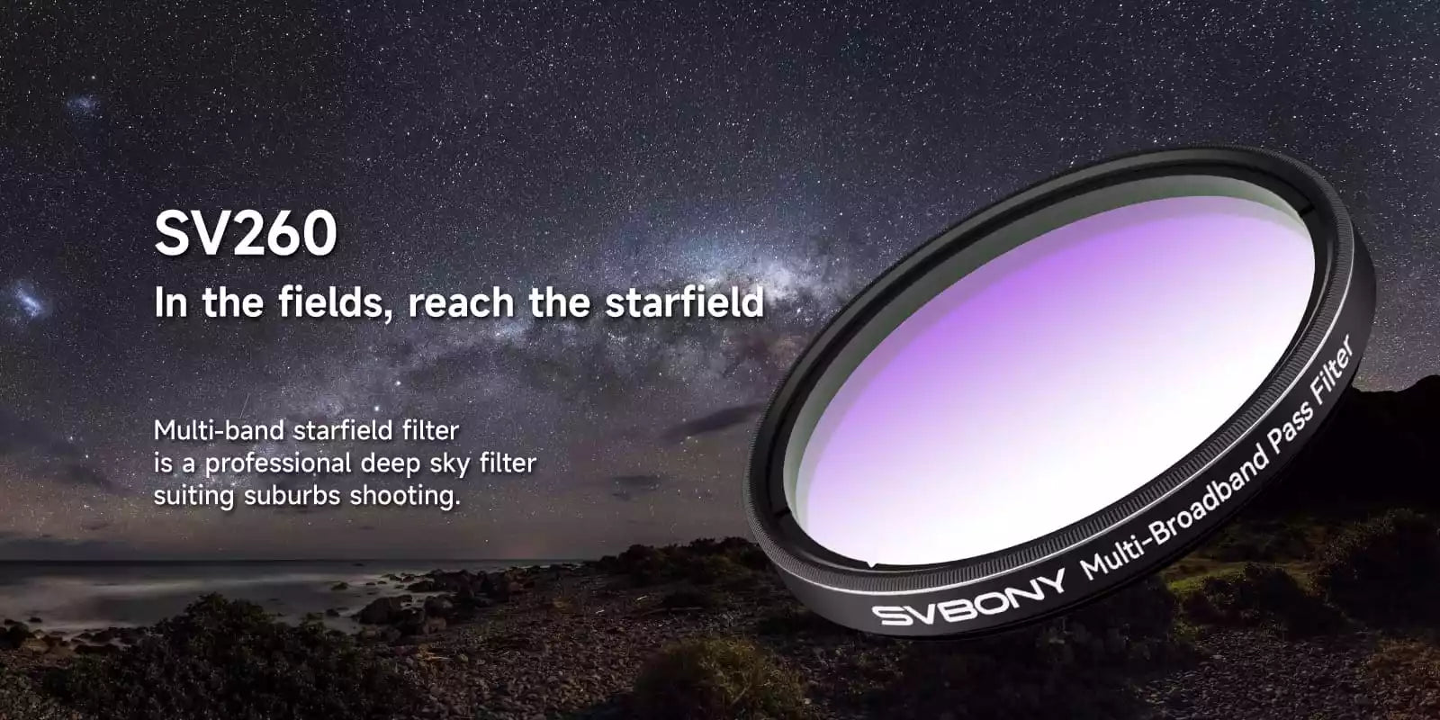 SV260 starfield filter with a starry night sky background