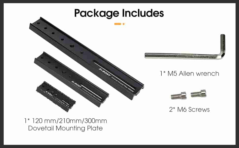 Package contents including dovetail mounting plate, M5 Allen wrench, and screws on a white background.