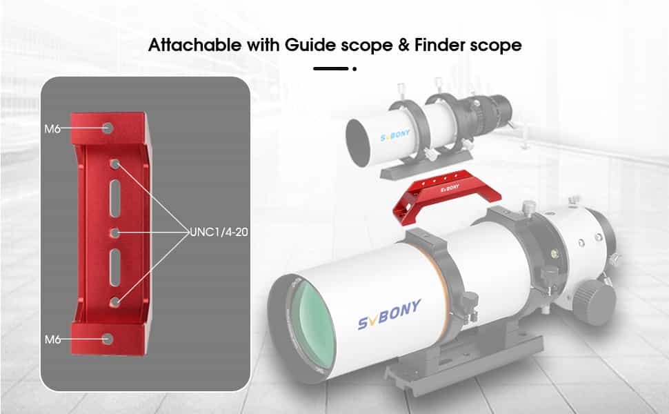 Telescope with red attachment labeled 'Svbony' on a light gray background