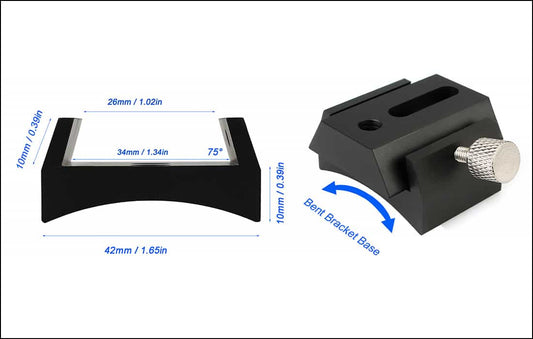Black camera bracket with measurements on a white background