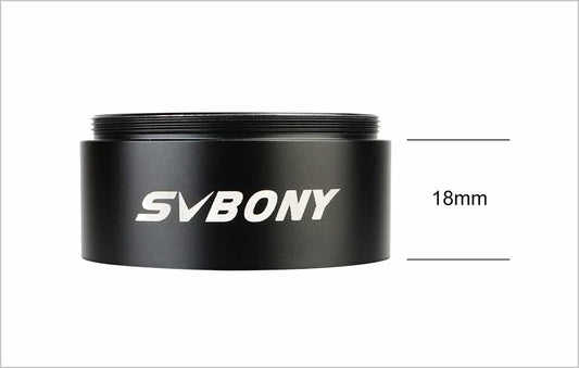 Black SVBONY lens barrel with size indication on a white background