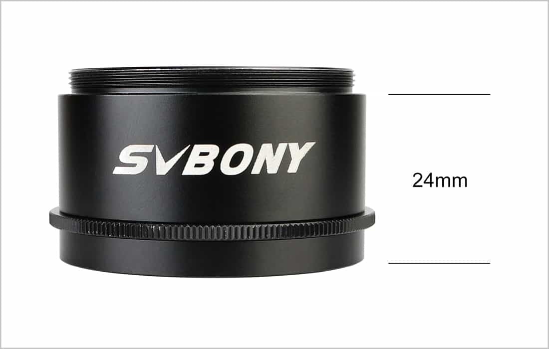 Black SVBONY lens with measurement label on a white background