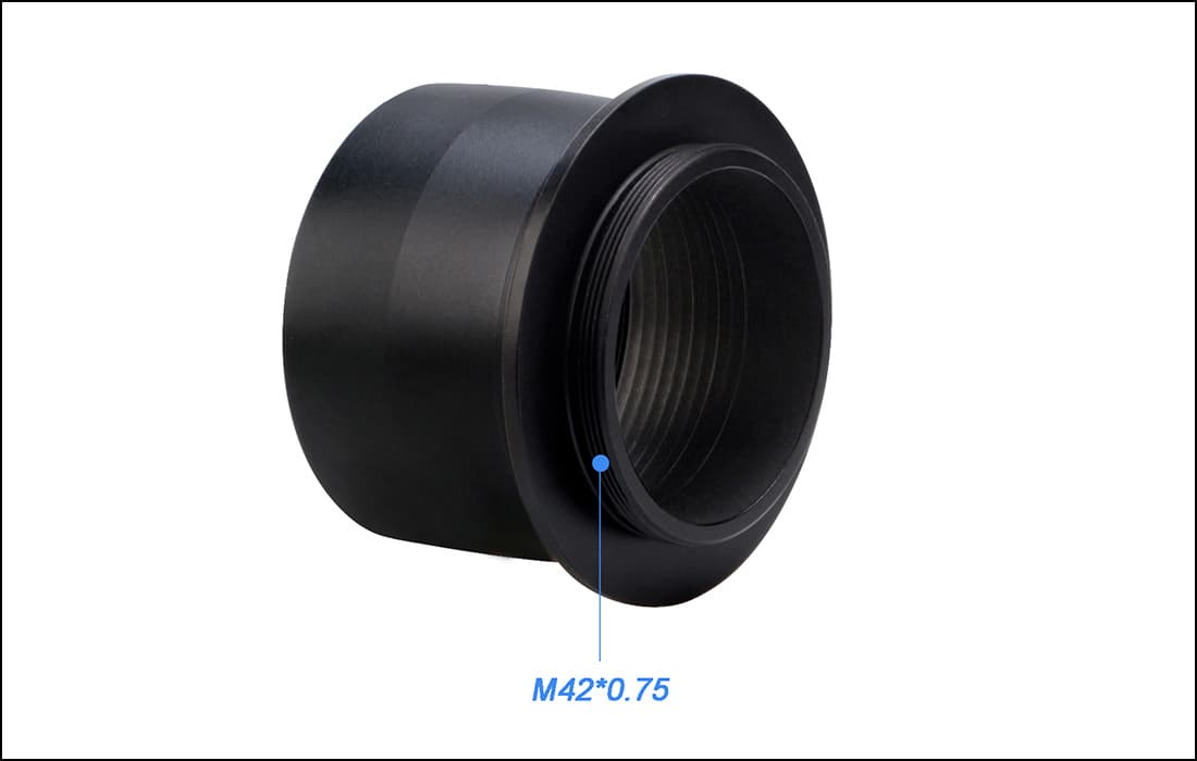 Black lens mount adapter with M42x0.75 thread specification on a white background