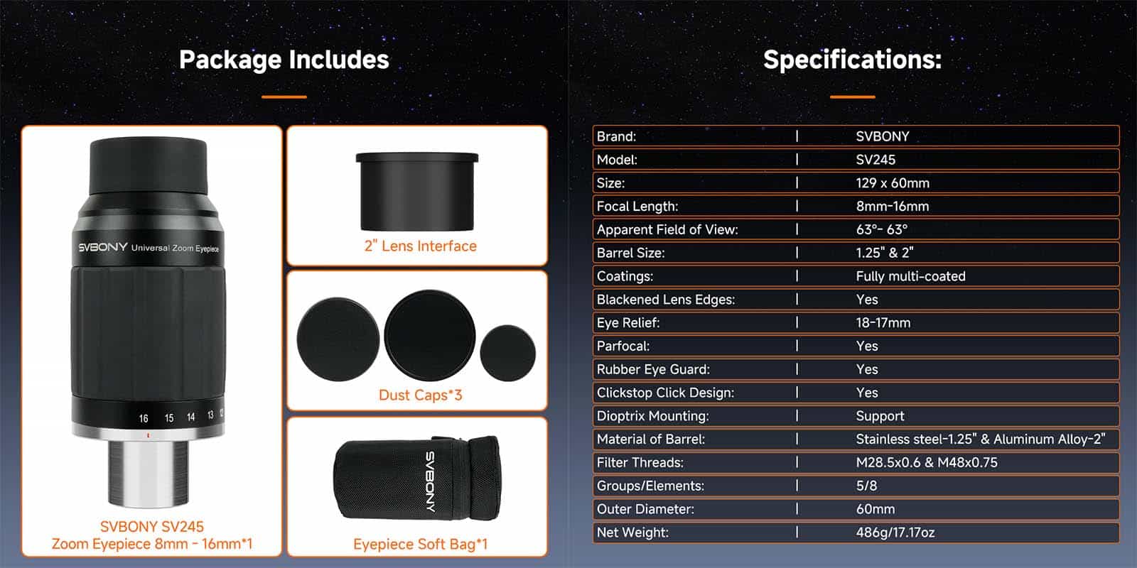 Svbony SV245 zoom eyepiece 8-16mm package