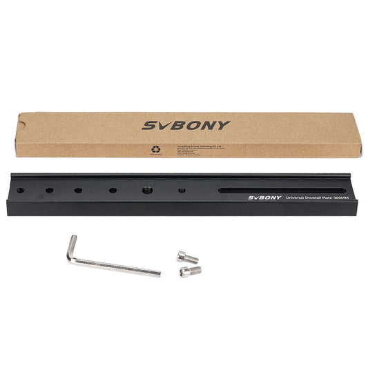 SVBONY camera accessory kit with dovetail plate, Allen wrench, and screws on a white background