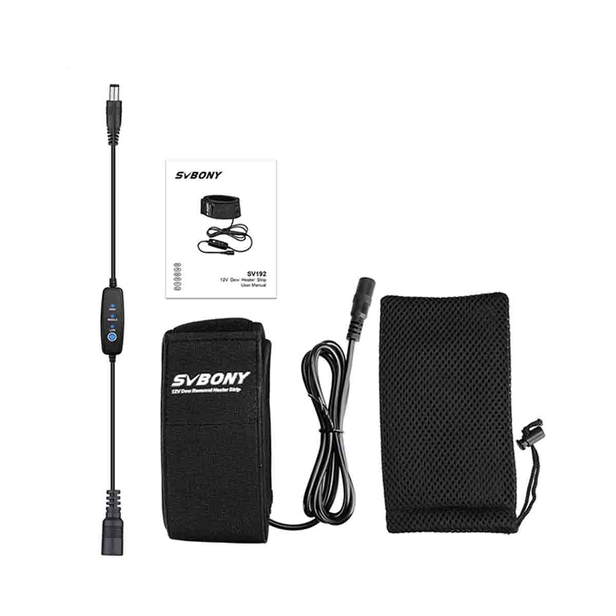 SVBONY SV192 Dew Heater Strip 12V with cables and packaging on a white background