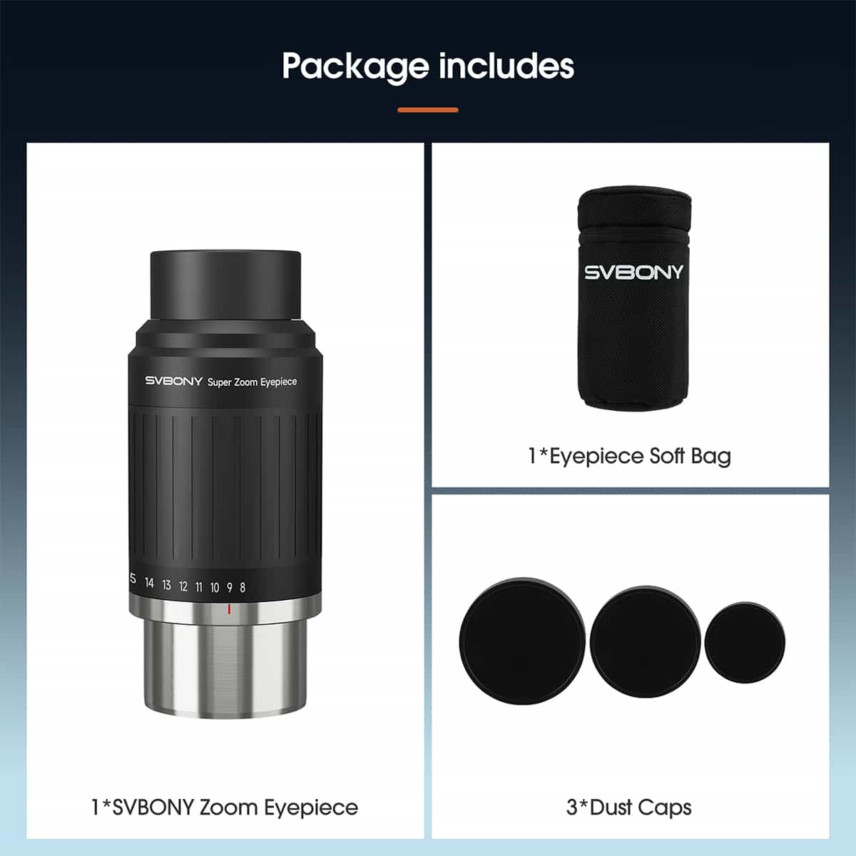 SVBONY telescope eyepiece with accessories on a white background