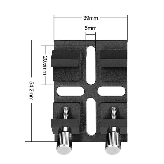 Black metal bracket with dimensions labeled on a white background