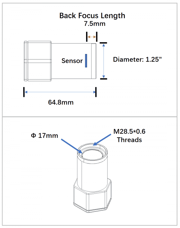 Technical drawing showing Player One Ceres-C camera mechanical dimensions including back focus length, sensor position, and M28.5x0.6 threads.
