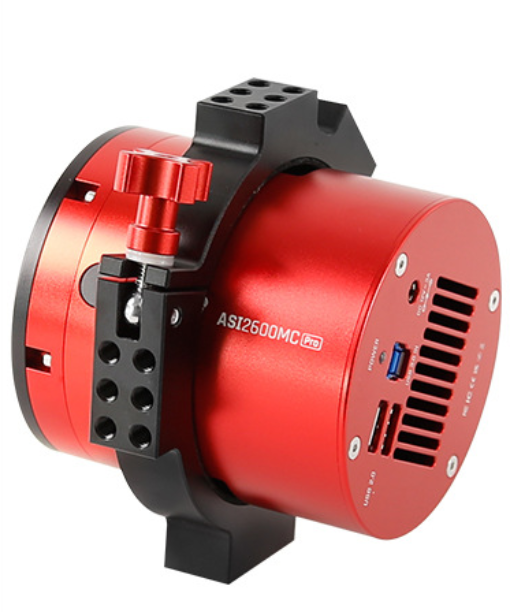 ZWO Camera  with a black camera clamp attached...