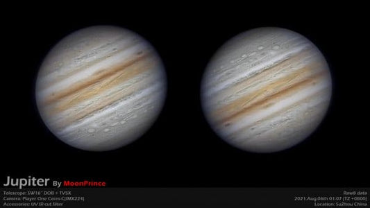 Two high-resolution images of Jupiter captured with a Player One Ceres-C camera showing detailed cloud bands and Great Red Spot.
