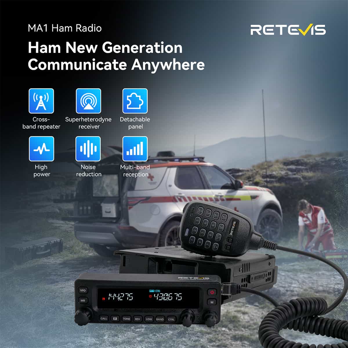 Retevis MA1 50W UHF/VHF Ham Radio with Detachable Panel – Dark Clear Skies UK