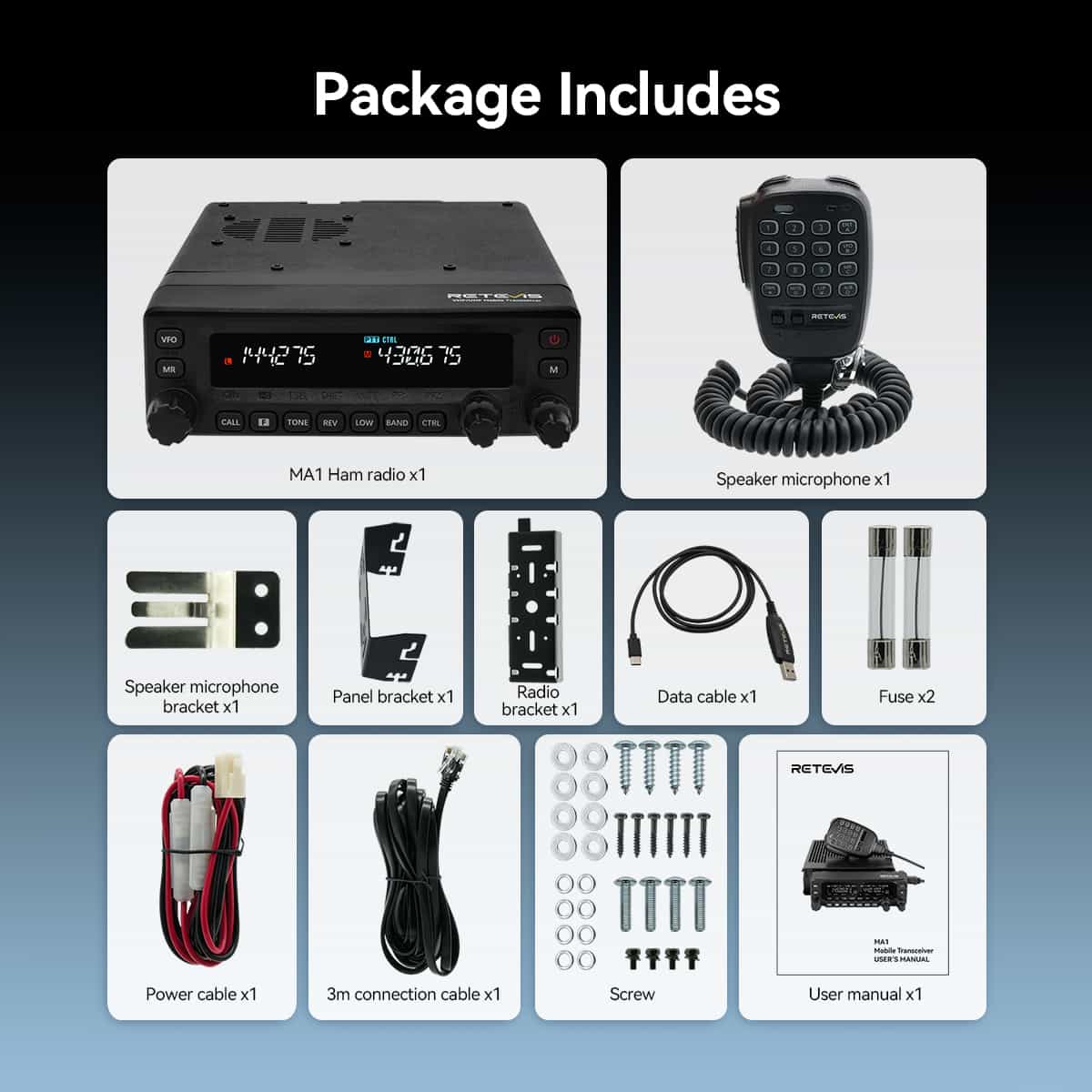 Retevis MA1 50W UHF/VHF Ham Radio with Detachable Panel