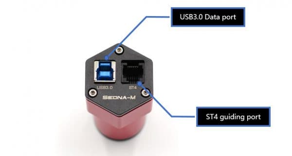 Player One Sedna-M camera showing labeled USB3.0 data port and ST4 guiding port on a white background.
