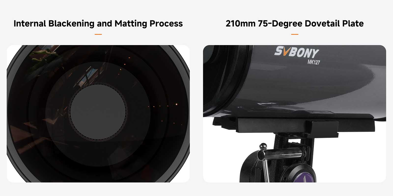 Internal blackening finish and 210mm dovetail plate on SVBONY MK127 telescope
