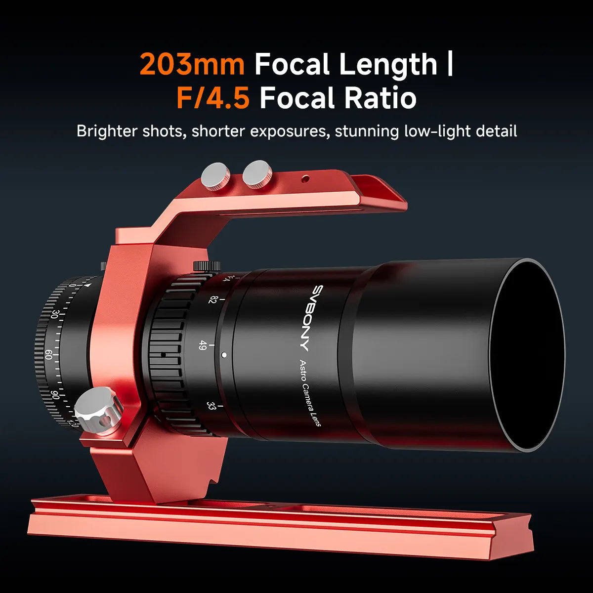 SVBONY SV545 astro camera lens showing 203mm focal length and f4.5 focal ratio on a dark background
