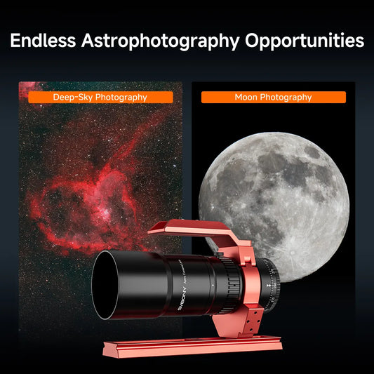 SVBONY SV545 astrophotography camera shown with deep-sky nebula imaging and Moon photography examples on a black background
