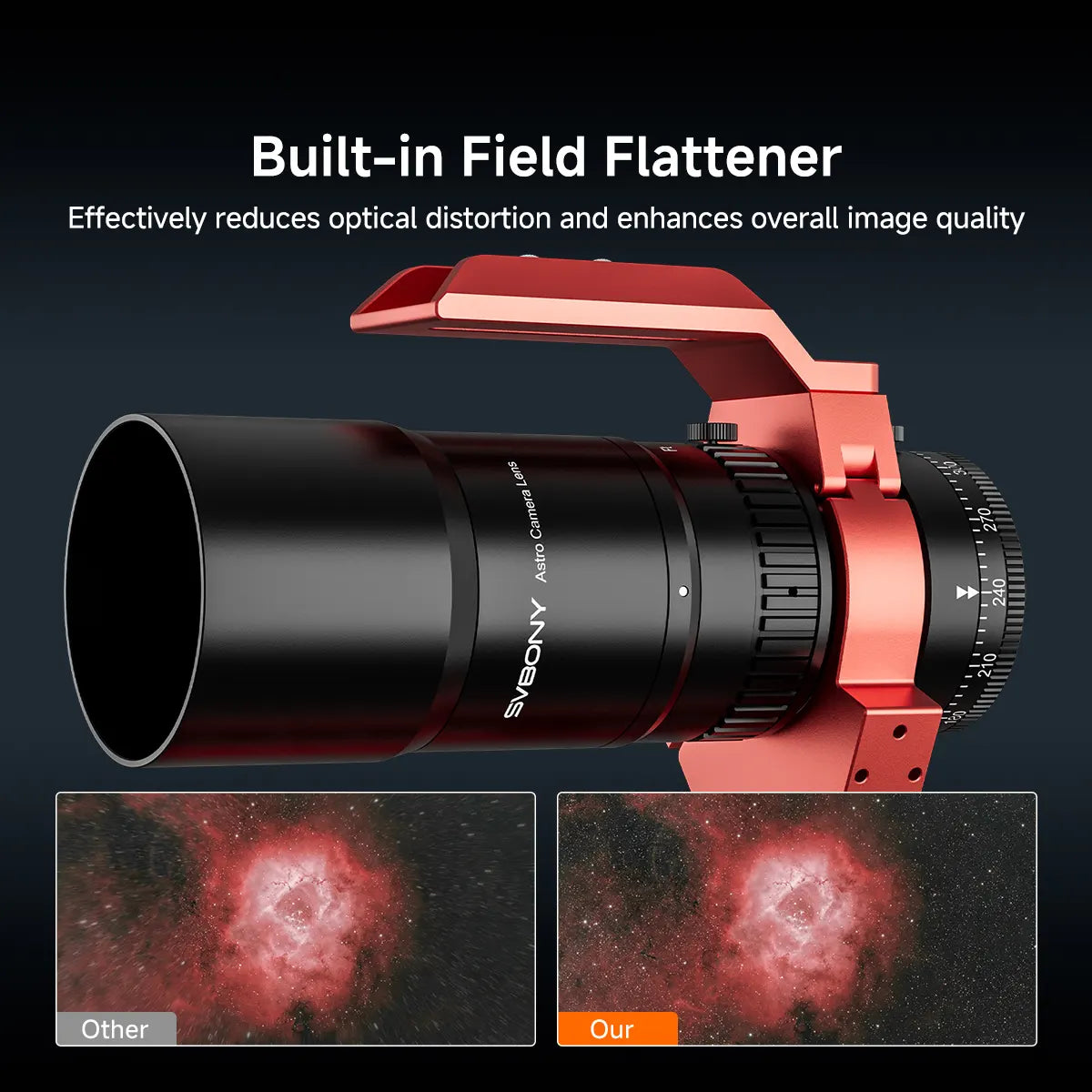 SVBONY SV545 astro camera lens with built-in field flattener showing before and after deep-sky image comparison
