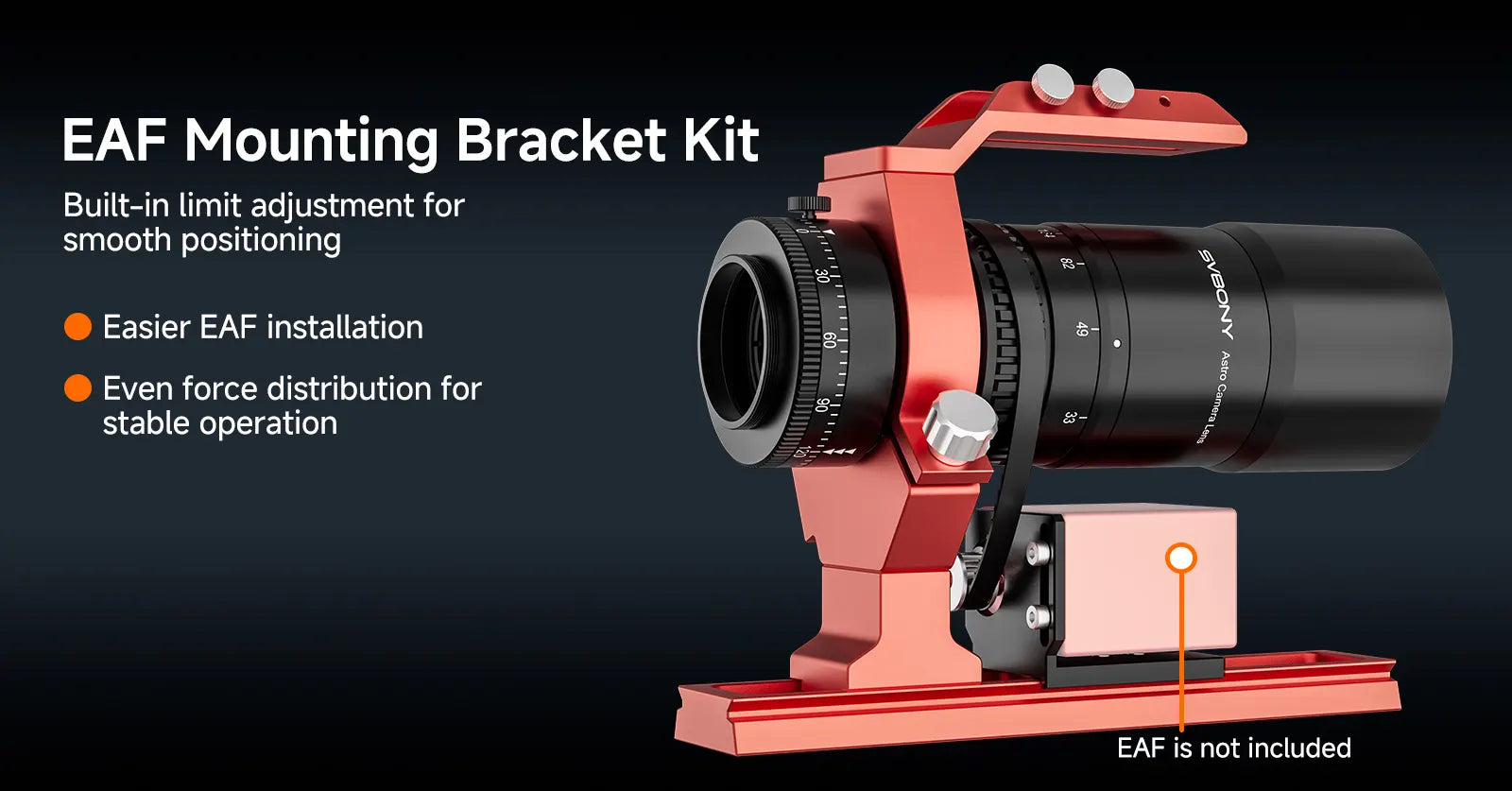 SVBONY SV545 astro camera lens with EAF mounting bracket kit shown for motorised focusing on a dark background

