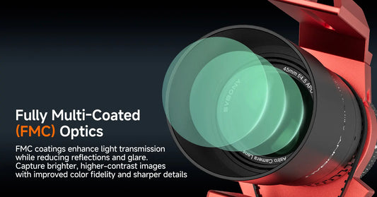 SVBONY SV545 astrophotography camera lens showing fully multi-coated FMC optics for improved light transmission and contrast
