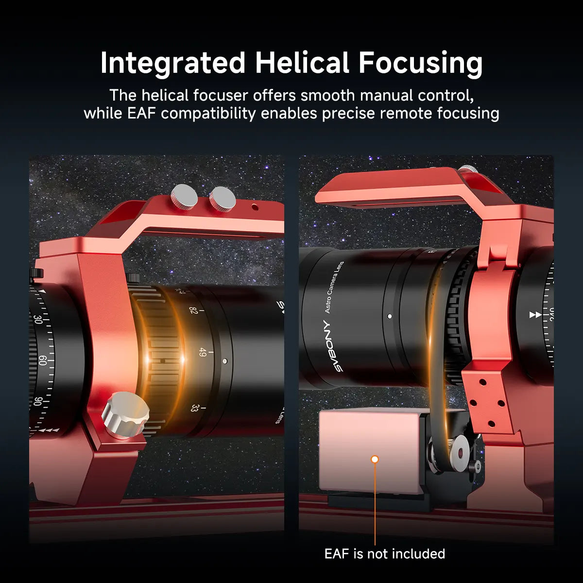 SVBONY SV545 astro camera lens showing integrated helical focusing mechanism with EAF compatibility on a dark background
