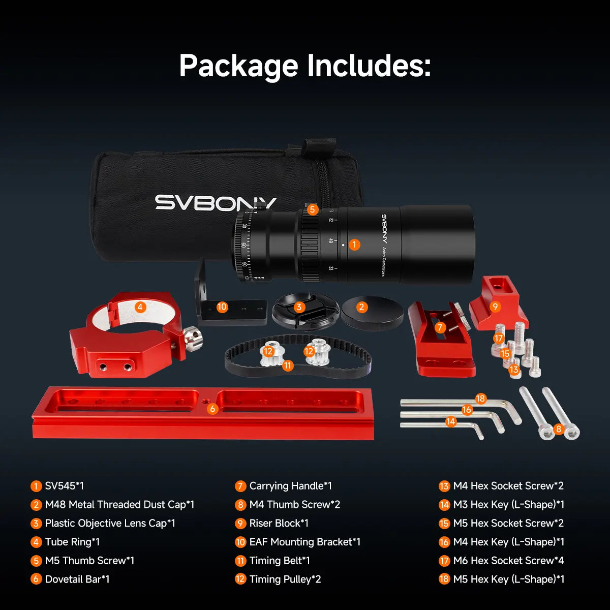 SVBONY SV545 astro camera lens package contents showing included accessories and mounting components on a dark background
