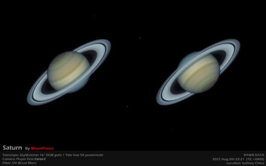Two images of Saturn captured with a Player One Ceres-C camera using a Sky-Watcher 18-inch DOB telescope and UV IR cut filter.
